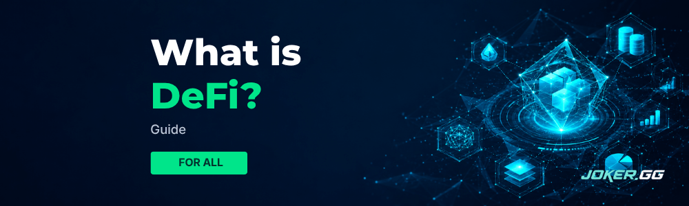 Decentralized finance explainer banner with connected blockchain graphics