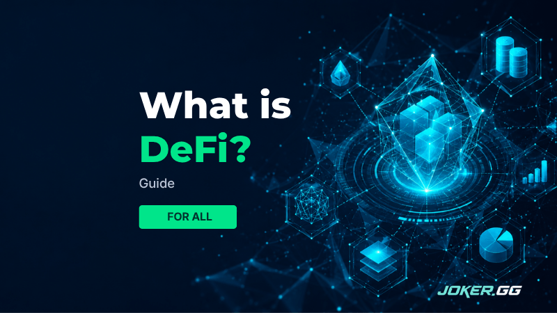What is DeFi featured image with a decentralized network of blockchain nodes