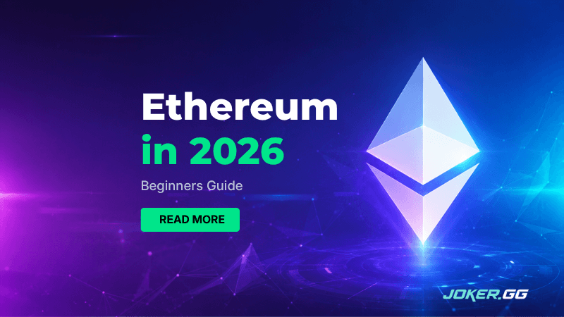 A glowing Ethereum symbol on a purple and blue background beside the title Ethereum in 2026 Beginners Guide
