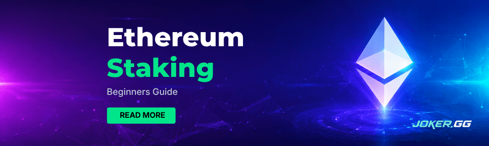 A bright Ethereum crystal on a blue and purple banner next to the title Ethereum Staking