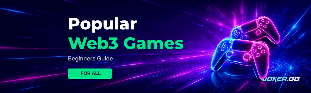 Neon gaming controllers on a purple banner beside the title Popular Web3 Games