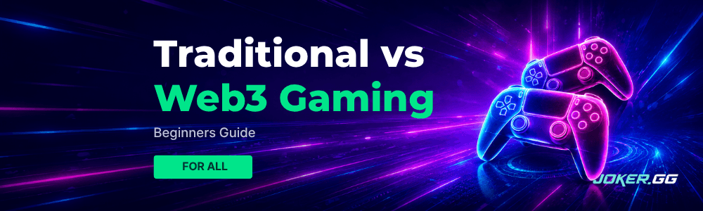 Two neon game controllers next to the title Traditional vs Web3 Gaming