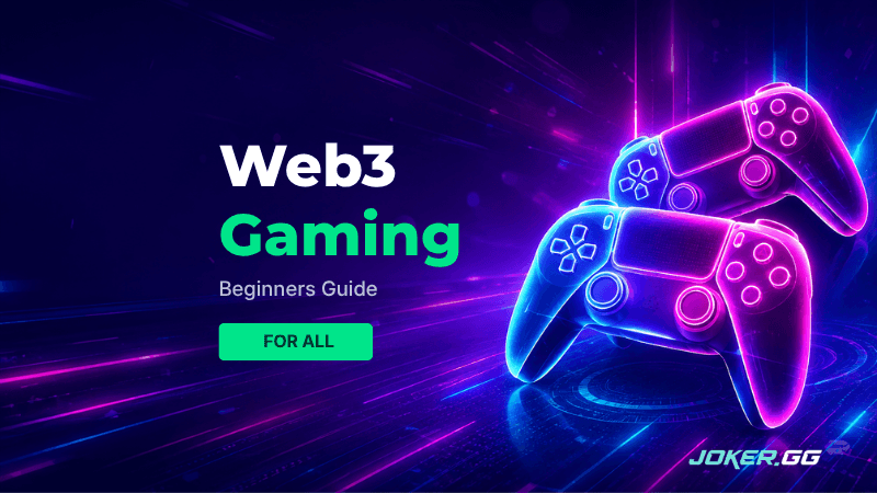 Two neon glowing game controllers on a purple background beside the title Web3 Gaming Beginners Guide