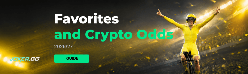 A rider in yellow celebrates on a gold-lit banner next to the title Favorites and Crypto Odds
