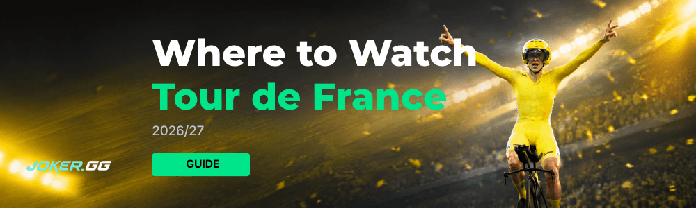 A cyclist in a yellow jersey with arms raised beside the title Where to Watch Tour de France