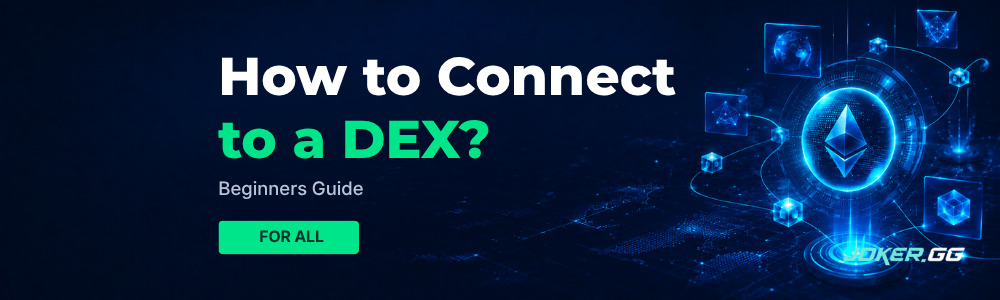 How to connect to a DEX section banner with crypto wallet and network graphics