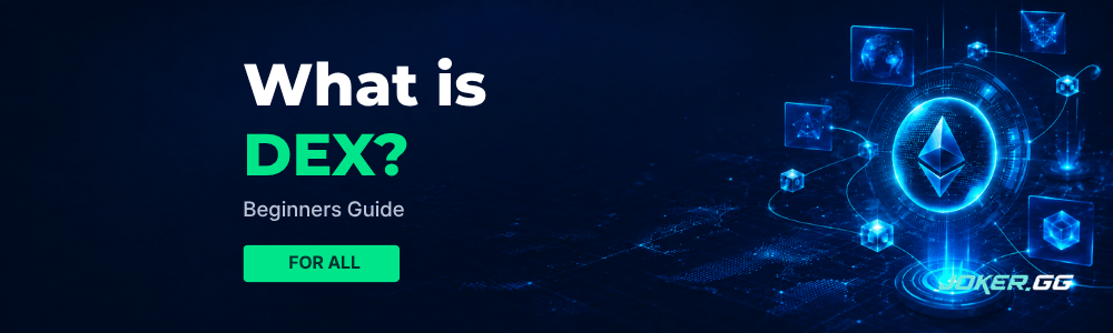 Decentralized exchange explainer banner with Ethereum symbol on a dark blockchain background