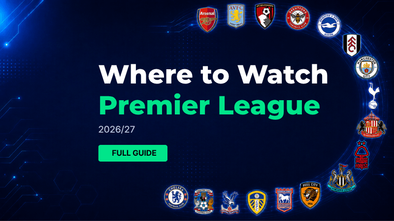 Crests of all twenty Premier League clubs around the title Where to Watch Premier League 2026/27